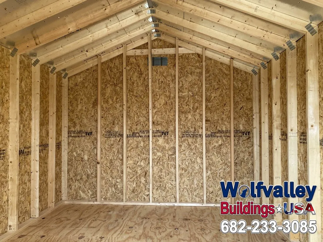 Interior framing of a Wolf Valley utility shed